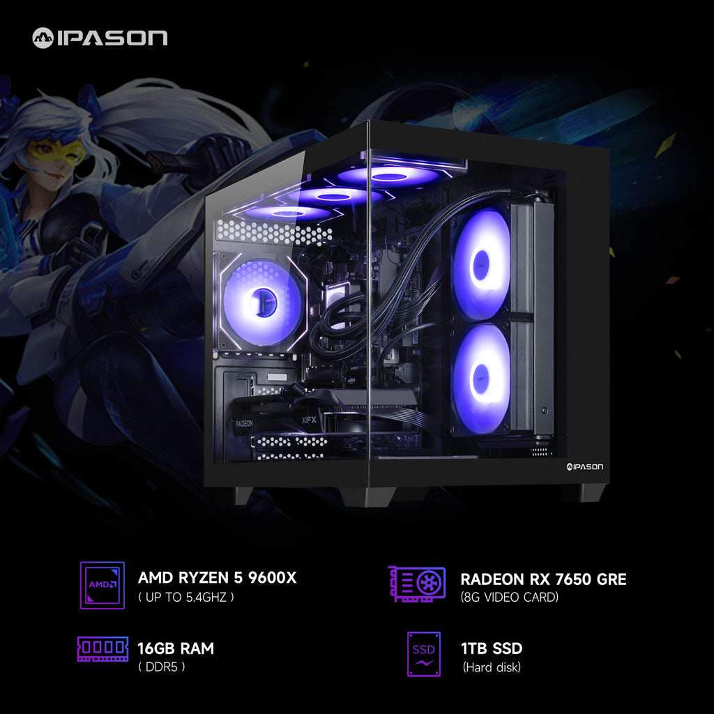 Gaming PC - AMD Ryzen 5 9600X, Radeon RX 7650 GRE, 16GB DDR5, 1TB Nvme SSD, 650W Gold PSU, Wi-Fi, Liquid Cooling, ARGB Fans, Windows 11 Home (Prebuilt Desktop)New