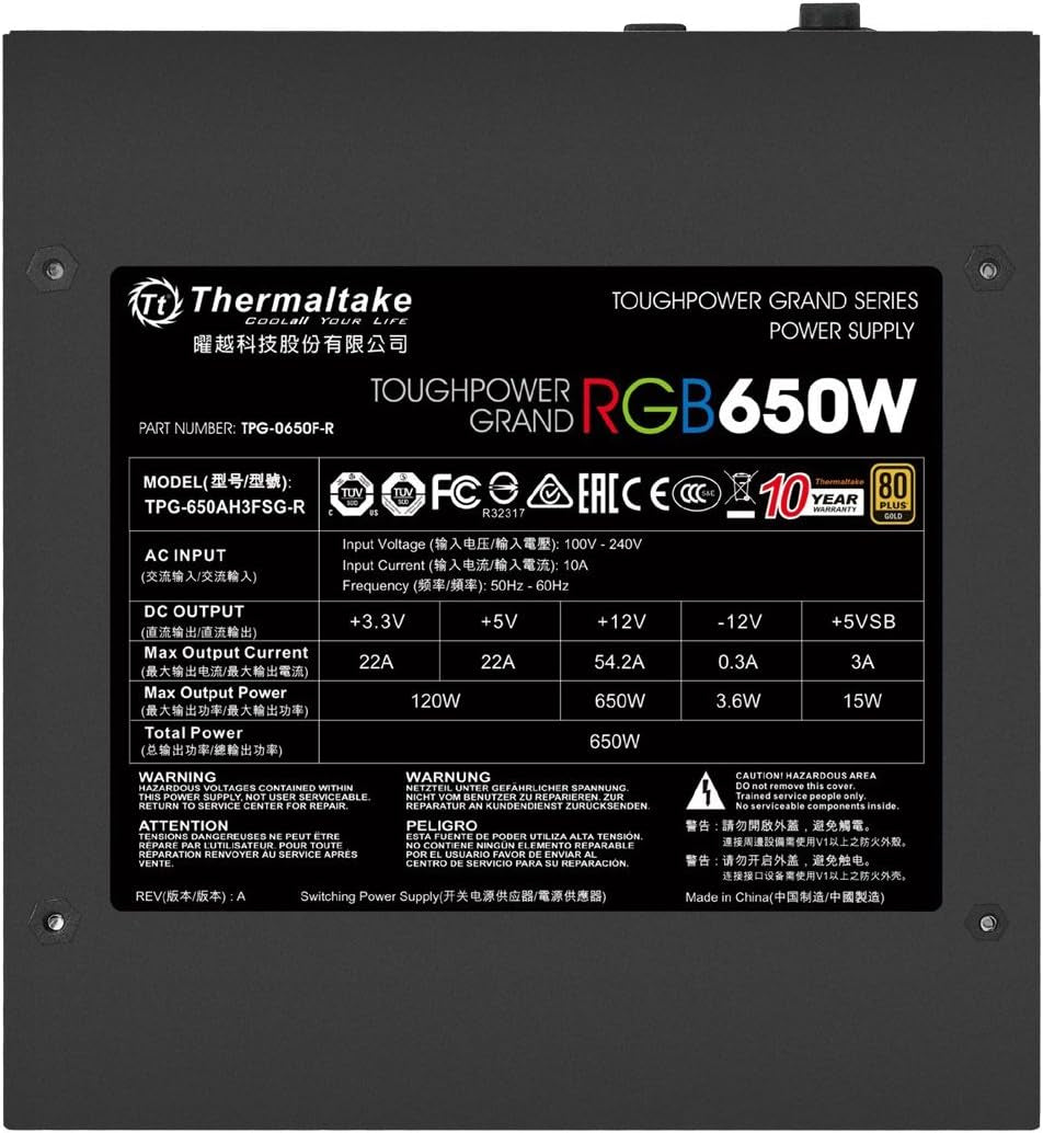 Thermaltake Toughpower Grand RGB 650W 80+ Gold Smart Zero 256-Color RGB Fan Fully Modular Power Supply 10 YR Warranty PS-TPG-0650FPCGUS-R