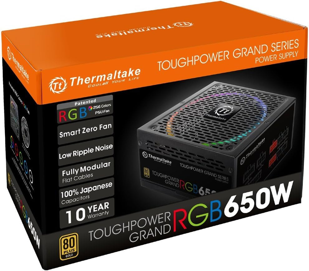 Thermaltake Toughpower Grand RGB 650W 80+ Gold Smart Zero 256-Color RGB Fan Fully Modular Power Supply 10 YR Warranty PS-TPG-0650FPCGUS-R