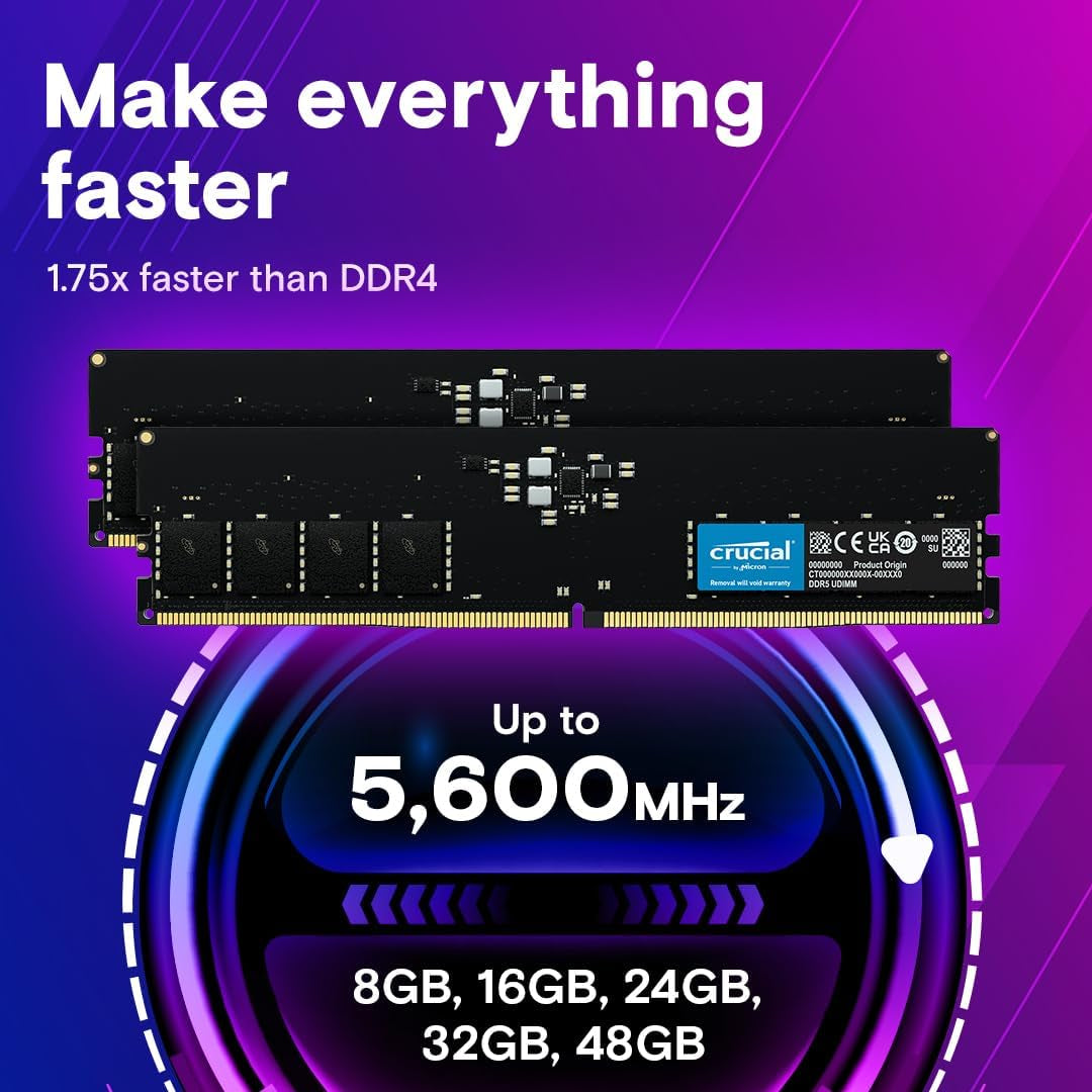 Crucial 8GB DDR5 4800MHz Desktop Memory, UDIMM 288-Pin, Compatible with 13th Gen Intel Core and AMD Ryzen 7000 - CT8G48C40U5