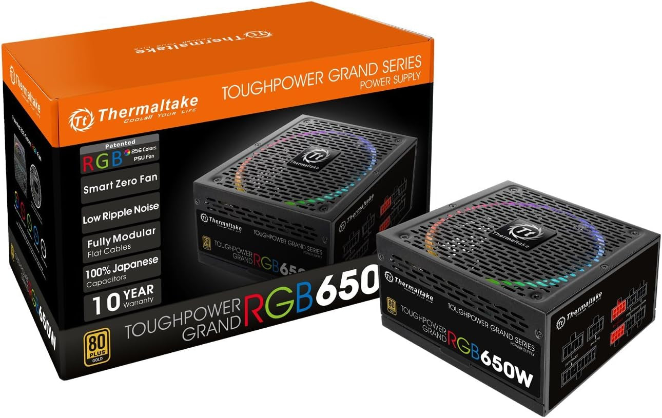 Thermaltake Toughpower Grand RGB 650W 80+ Gold Smart Zero 256-Color RGB Fan Fully Modular Power Supply 10 YR Warranty PS-TPG-0650FPCGUS-R